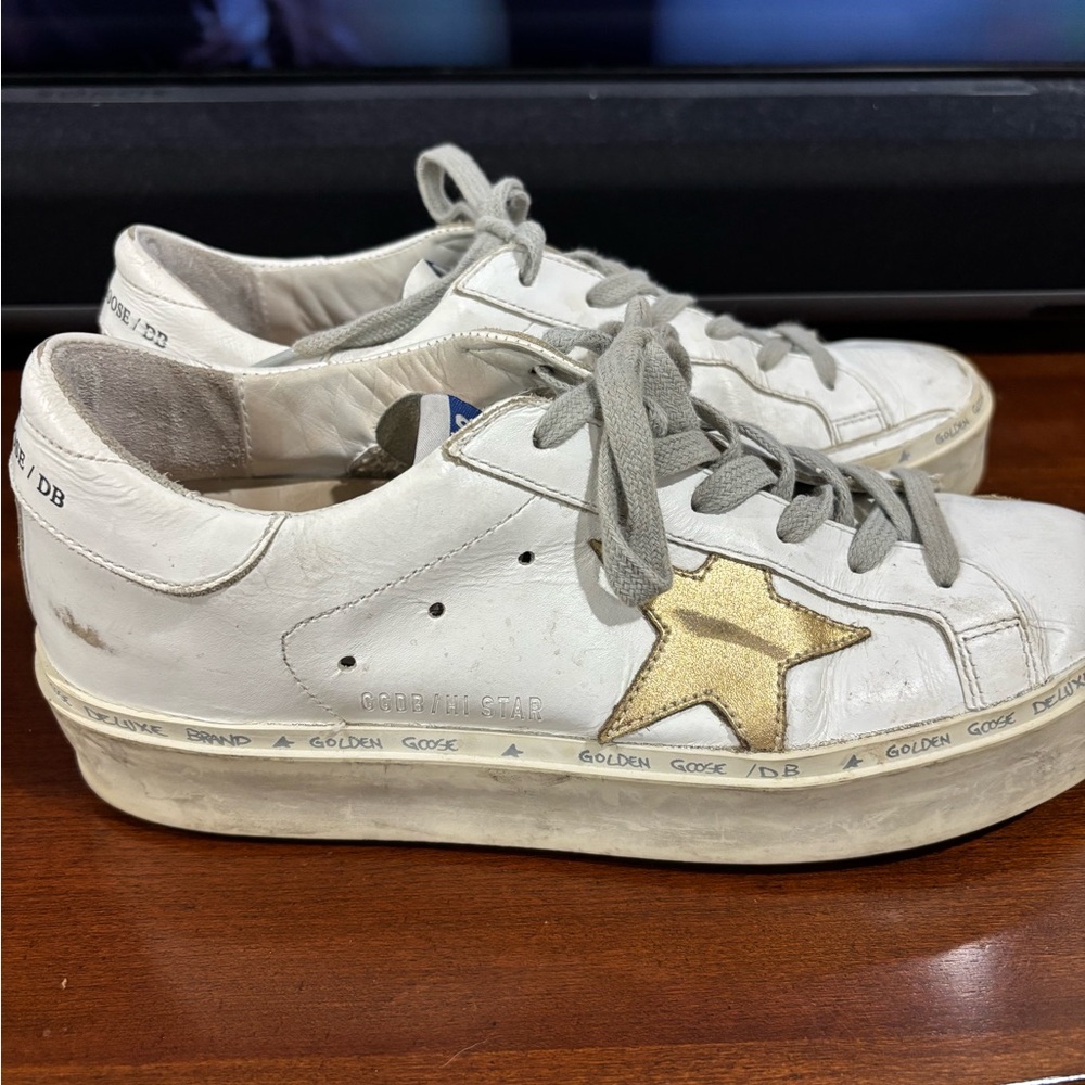 Golden Goose Hi Star White and Gold Star Sneakers, size 7 with extra GG laces